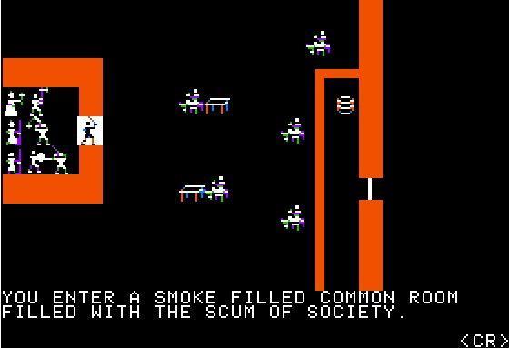 a person with a sword is entering ye bar. other people with weapons stand outside the entrance. there are people sitting at tables, a barrel behind a bar and a wall and door behind.
text:
you enter a smoke filled common room filled with the scum of society.