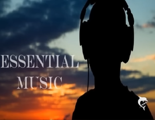 A dark shadow of someone with headphones in front of a beautiful sky