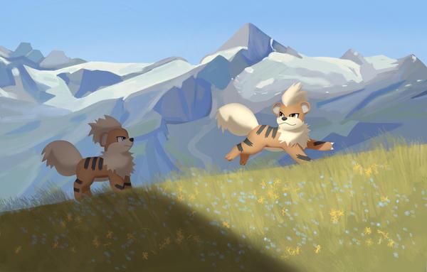 two growlithes are standing in an alpine meadow that is covered in blue and yellow flowers. There are mountines on the background. one growlithe with yellow eyes is running towards the light looking back at the growlithe with blue eyes that is standing in the shadows