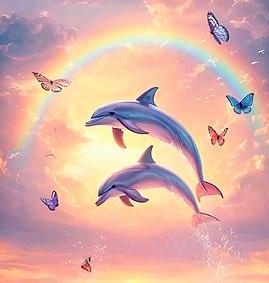 Beautiful rainbow colored painting of two Dolphins jumping and many butterflies fluttering around them 