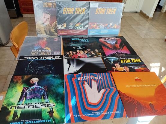 12 Star Trek vinyl records arranged in a 3x4 pattern on top of a table. The top three are music from the original series. The second row are the soundtracks for 'First Contact', 'Encounter at Farpoint', and 'The Final Frontier'. The third row are the soundtracks for 'The Search for Spock', Star Trek (2009), and a best-of album with music from TOS and TNG. The final row has the soundtracks for 'Nemesis' and 'The Wrath of Khan', alongside a live recording of the Prague Philharmonic playing various Star Trek themes.