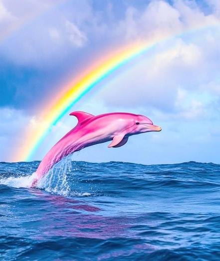 A pink Dolphin jumping out of the dark blue ocean water with a rainbow above it