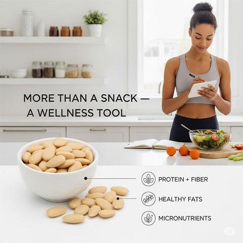 Close-up of blanched AlmondRx almonds in a white bowl with icons and text highlighting protein and fiber, healthy fats, and micronutrients. A fit person is journaling in the background.