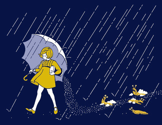 The salt girl with her umbrella walking in the rain while carelessly pouring salt upon poor unsuspecting slugs