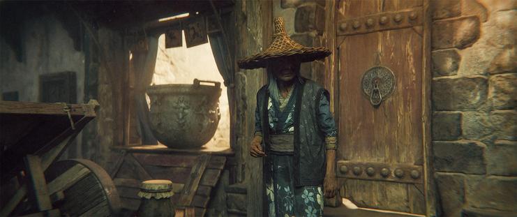 Medium shot, exterior, dusk -

An older human woman, dressed in the fashion of Myre, including a conical straw hat. She is standing in front of a shop doorway. There is a cauldron on the open windowsill next to her with bas reliefs of the demon goddess we have seen before.
