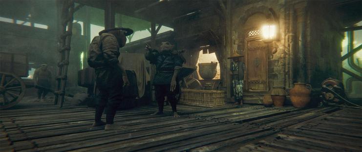 Wide shot, exterior, dusk -

An older human woman, dressed in the fashion of Myre, including a conical straw hat. She is standing in front of a shop doorway. There is a cauldron on the open windowsill next to her with bas reliefs of the demon goddess we have seen before.  Two Myre goblins are having a discussion on the boardwalk in front of her.