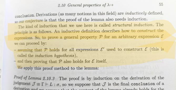 Textbook showing explanation of structural induction.