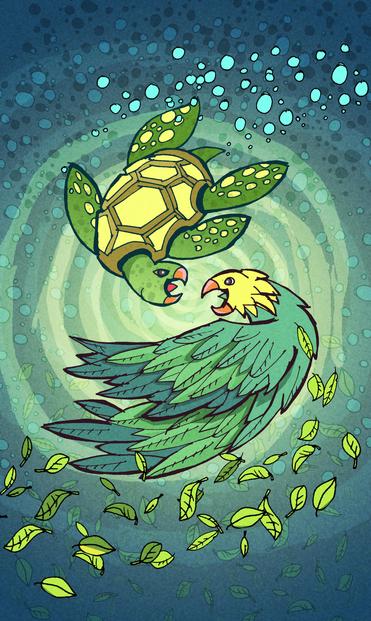 you see an underwated stylised rendition of a bird and a turtle swirling around each other. 