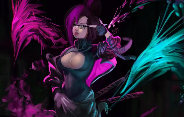 A tawny-skinned woman with black-and-purple hair wearing square glasses and a black dress with a large boob window points a finger-gun gesture at her own head while flanked by magenta and cyan spirit creatures.