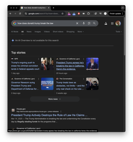 Google search results with the message "An AI Overview is not available for this search" for the search "how does donald trump break the law"