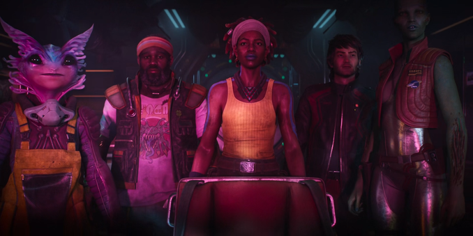 Personagens Sladie, Rade, Cassidy Taimak, Kai e Smokes do episódio Concord: Tale of the Implacable de Secret Level em cena, mostrando detalhes de suas roupas e expressões faciais, ambientados em um cenário futurista e tecnológico.