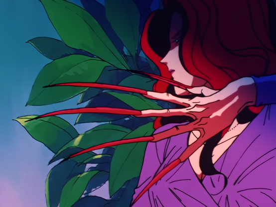 🖼 Image Description:
A side profile of Kyurene, a youma from Sailor Moon, is shown in dramatic lighting. She has long, flowing red hair and violet clothing. Her clawed hand is extended toward the viewer, with elongated, blood-red nails that taper into sharp points. Green leaves and a twilight sky form the background, enhancing the eerie and mystical atmosphere.

🧾 Alt Text:
A red-haired anime character with extremely long, crimson claws poses dramatically in front of large green leaves, wearing a violet dress. The scene is stylised with deep shadows and vibrant colours.