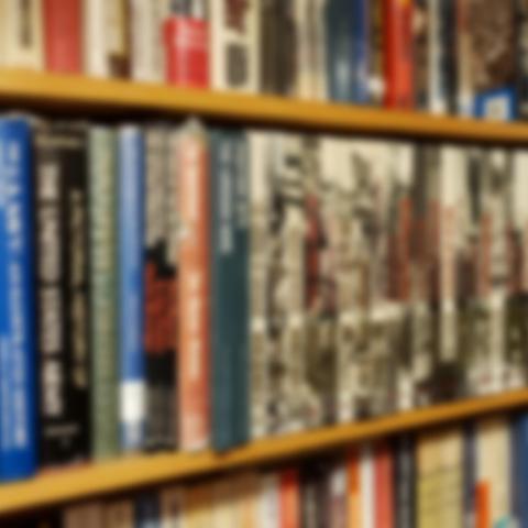 An intentionally blurry photo of packed bookshelves.
