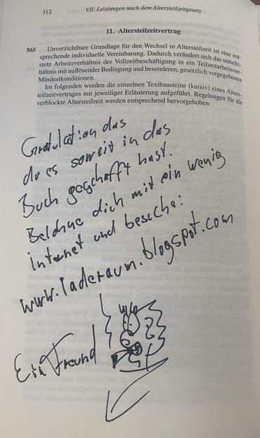 An open book page discussing retirement contracts, featuring handwritten congratulations and a website link. A cartoon drawing is included alongside a signature labeled "Ein Freund."