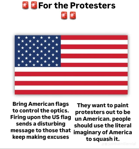 Illustration of US flag with this text: For the Protesters Bring American flags  to control the optics.  Firing upon the US flag sends a disturbing message to those that keep making excuses They want to paint protesters out to be un American.  people should use the literal imaginary [sic] of America to squash it.