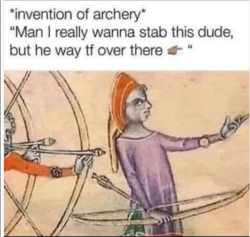 Medieval? Archer with bow gesturing with hand to the distance