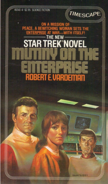Cover art of the Star Trek novel "Mutiny on the Enterprise" by Robert E. Vardeman. Kirk and Spock are pictured on the bridge wearing what I guess are meant to be uniforms in use between the end of the series and "The Motion Picture". Kirk's is a white front panel with a ridged collar and red sleeves. Spock's uniform appears to be a white tunic with epaulettes over a red collared undershirt. I don't like them, and I'm glad they never became canon. In front of Kirk, Lorelei is pictured. A brunette woman with n orange blouse. The tagline reads "On a mission of peace, a bewitching woman sets the Enterprise at war-- with itself."