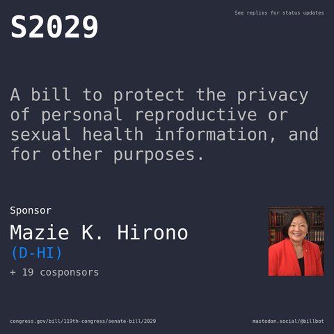 Description of S2029, and a depiction of its sponsor, Mazie K. Hirono.