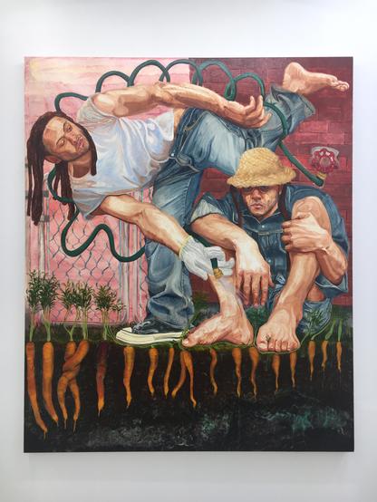 A painting illustrating two men amidst blooming flowers in a tranquil garden environment.