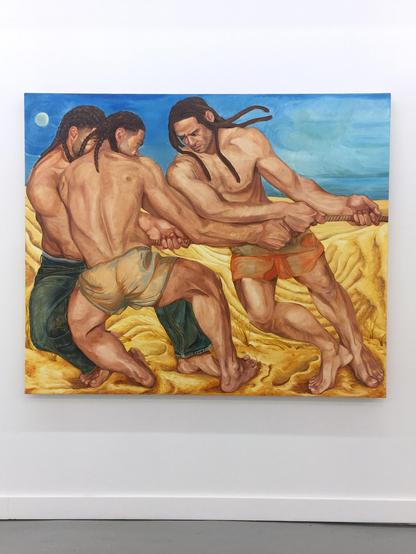 A painting depicting men in a tug of war on a sandy beach under a clear sky.
