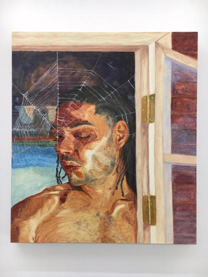 A painting depicting a man with a spider web intricately woven across his face, creating a haunting visual effect.