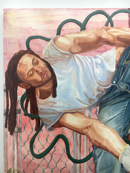 A painting depicting a man with dreadlocks leaning against a fence, surrounded by a serene landscape.