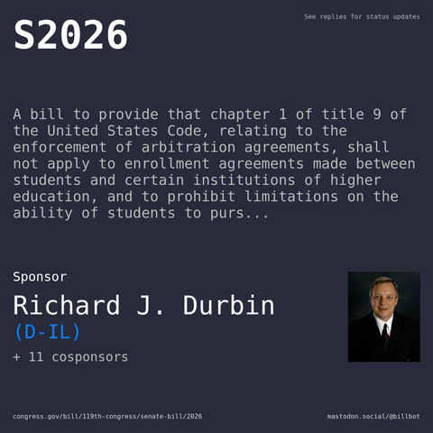 Description of S2026, and a depiction of its sponsor, Richard J. Durbin.