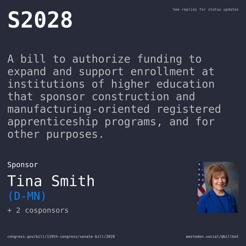 Description of S2028, and a depiction of its sponsor, Tina Smith.