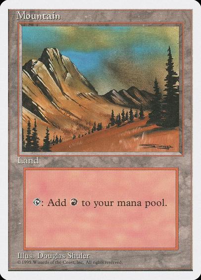Card Name: Mountain
Set: Fourth Edition
Description: ({T}: Add {R}.)
Artist: Douglas Shuler