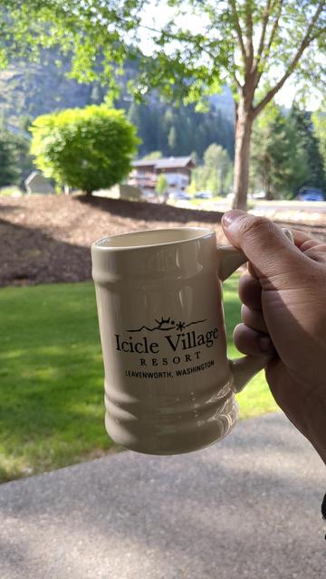 Photo of a not fancy beer stein that says 'Icicle Village Resort' on it being held up for the photo. Grass, trees and a Bavarian looking chalet type building can be seen out of focus in the background