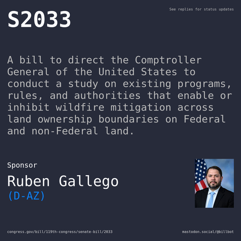 Description of S2033, and a depiction of its sponsor, Ruben Gallego.