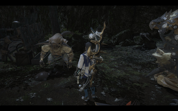 A character from the fantasy game Final Fantasy XIV stands in a dark, wooded clearing. Dressed in a white shirt with blue trim, the character faces away from the viewer, holding a large, ornate bow. In front of them are two monsters: one resembling a beetle-armored creature and the other a mechanical bird-like figure. A weathered wooden structure and dark foliage fill the background.