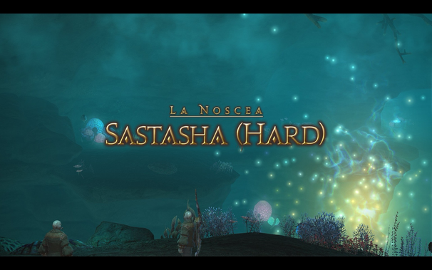 "A promotional image for the "Sastasha (Hard)" dungeon in Final Fantasy XIV. The scene depicts an underwater environment with a teal-colored hue. In the middle ground stands a character in detailed armor, facing towards the screen and an area with glowing orbs, coral, and underwater flora. The text "La Noscea" and "Sastasha (Hard)" is overlaid on the image in a golden font. The background features cave formations, sea life, and light rays penetrating the water. The overall atmosphere is mysterious and somewhat ethereal."
