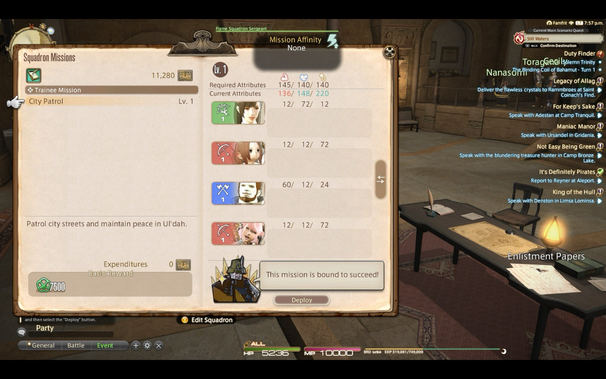 Screenshot from Final Fantasy XIV (FFXIV) showing the Squadron Missions interface. The selected mission is "City Patrol," a Level 1 Trainee Mission described as "Patrol city streets and maintain peace in Ul'dah." The interface displays required and current attributes, four recruitable characters, mission expenditures, and basic reward of 7500 gil. A message confirms the mission is bound to succeed. The Deploy button is highlighted near the bottom of the modal window.  