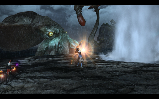 In a dungeon setting of Final Fantasy XIV, a warrior clad in metallic armor stands ready with an illuminated weapon, facing a colossal, octopus-like monster with glowing eyes. A figure in a wizard hat casts a spell at the edge of the arena, as heavy rain falls from the dark sky. A waterfall backdrop adds to the scene's drama.
