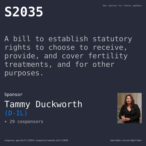 Description of S2035, and a depiction of its sponsor, Tammy Duckworth.