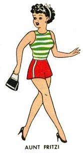 The image depicts a cartoon illustration of a woman named "Aunt Fritzi." She is walking with a confident stride, wearing a sleeveless green and white striped top paired with red shorts that have a white stripe down the side. She carries a small black handbag in her left hand and wears black high-heeled shoes. Her hair is styled in a curly bob with a white bow, and she has a cheerful expression on her face. The background is plain white, emphasizing the character.