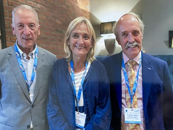 From left: Luis Oro (EuChemS president 2007–2011), Pilar Goya (2018–2022), and David Cole-Hamilton (2015–2019) at the Chemistry Europe Fellows Reception 2018 during the 7th EuChemS Chemical Congress in Liverpool.