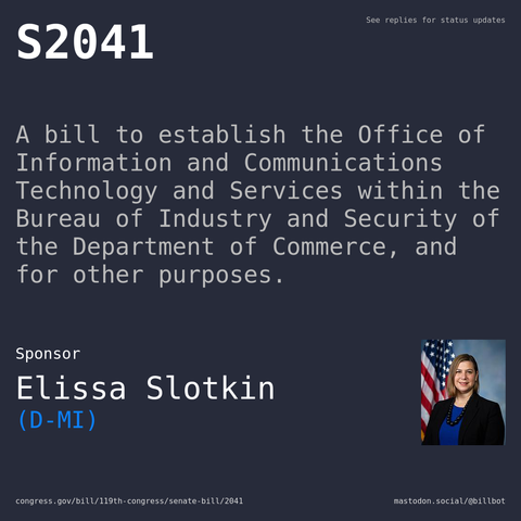 Description of S2041, and a depiction of its sponsor, Elissa Slotkin.