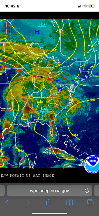E/W MOSAIC US SAT IMAGE 
A picture of the eastern seaboard of the united states showing the different air pressure systems and their isobars. This map also shows general air moisture content (basically clouds and clouds with lots of rain!) by using temperature as a guide. The background is generally a navy to midnight blue, the thin clouds are light blues to greens the thick clouds are yellows and reds. You can “guess” at where the rain clouds are, but you get a better picture when comparing this map to the radar maps of the region you want to look at.

