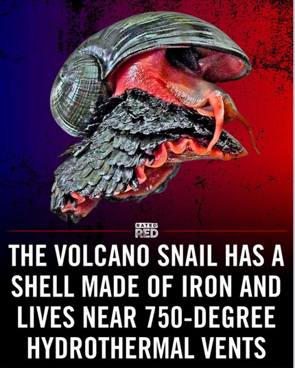 Volcano snail.  Text: The volcano snail has a shell made of iron and lives near 750-degree hydrothermal vents