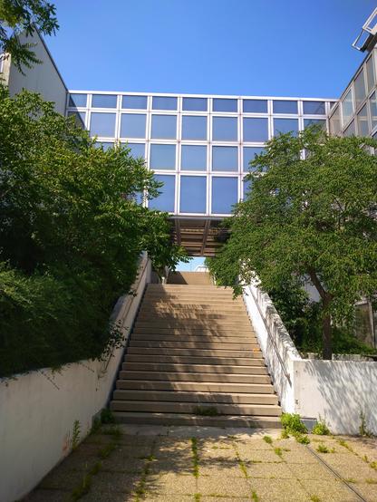 Eine Treppe führt nach oben, darüber führt ein Gang mit Fenstern.