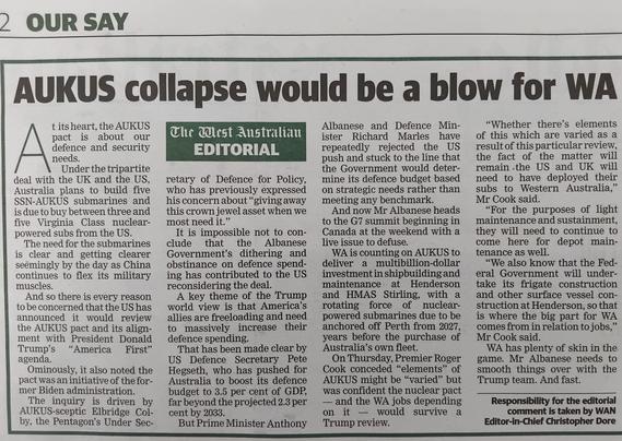 Editorial of "The Western Australian" titled "AUKUS collapse would be blow for WA".