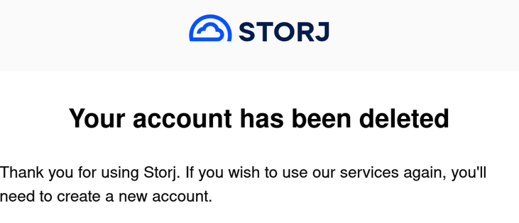 Captura de pantalla cuenta eliminada en storj.io