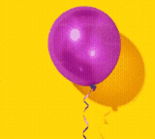 A heavily dithered and pixelated image of a purple balloon against a yellow background. 
