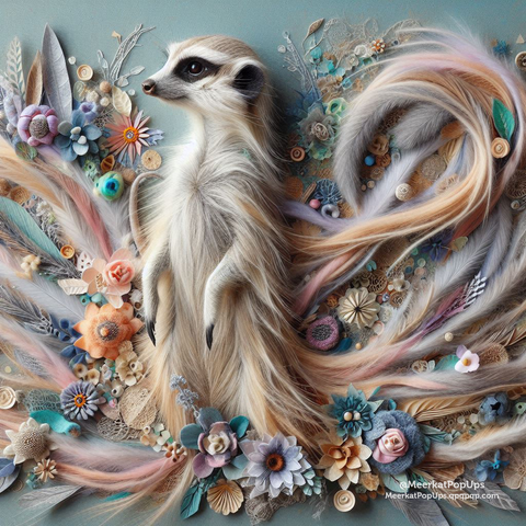 これはAI生成画像です。画像は、中央に立つミーアキャットが、カラフルな花や葉、羽根などの装飾に囲まれている様子を描いています。ミーアキャットの毛並みは細かく描かれ、しっぽの部分は長く伸び、羽根のような装飾と一体化しています。背景は淡い青緑色で、ミーアキャットと周囲の装飾が浮き立つような構図です。

This is an AI-generated image. The image depicts a meerkat standing in the center, surrounded by colorful flowers, leaves, feathers, and other embellishments. The meerkat's fur is finely detailed, and its tail extends long, blending with feather-like decorations. The background is a light blue-green, creating a composition where the meerkat and its surrounding decorations stand out.