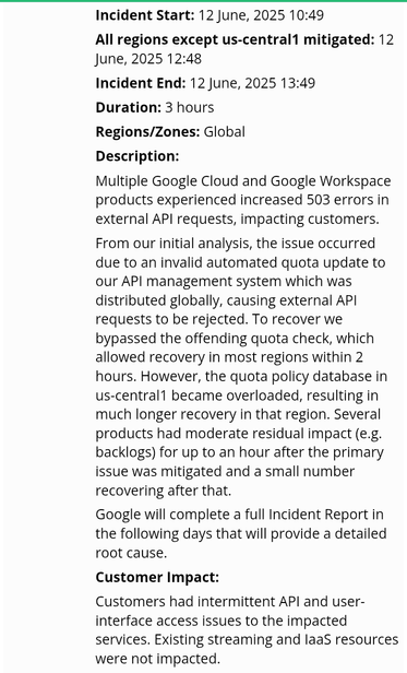 Screenshot from Google cloudservice health website 06-13-2025.