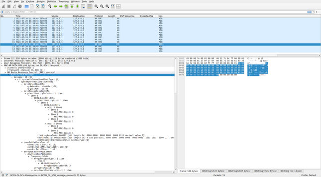 A screenshot in Wireshark that shows part of the SIB1 message parsed out. The PCAP file also contains the MIB transmission from the PBCH, which happen every 10 ms.