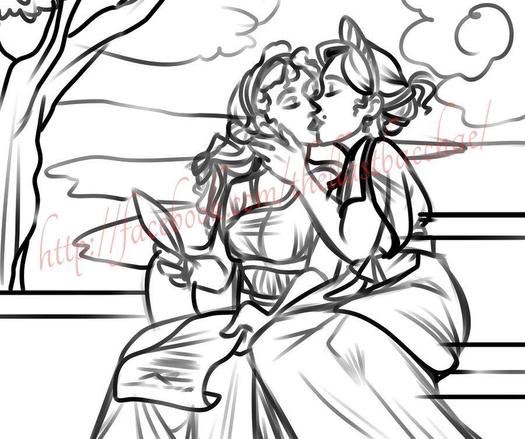 A drawing of the poetess Sappho being kissed by the goddess Aphrodite. Sappho holds a quill and scroll but Aphrodite turns her head towards her for the kiss.