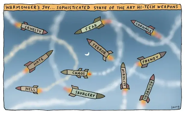Rockets with following tags go off in all directions: Cruelty, fear, carnage, hate, terror, frenzy, hell, savagery, insanity.